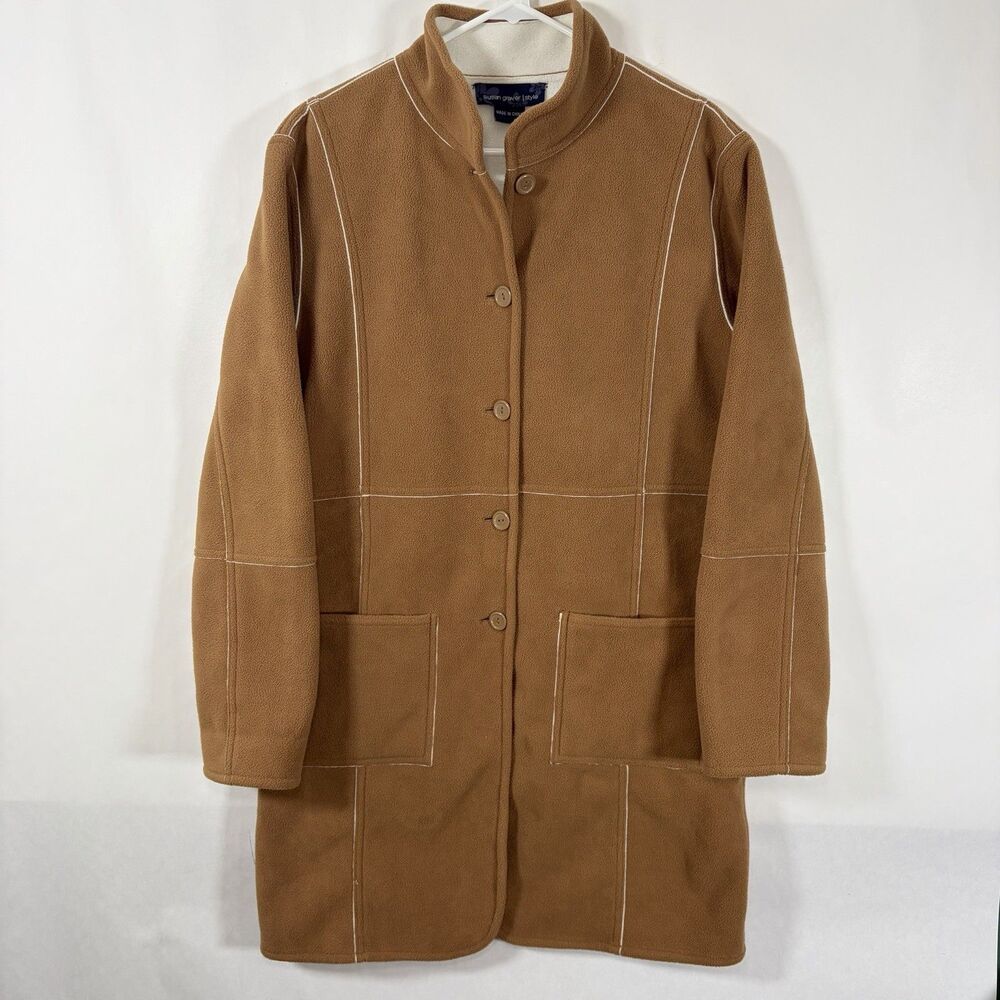 Susan Graver Long Fleece Coat Womens Size Medium Light Brown Button Front